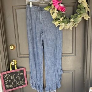 Trina Turk chambray Blue Ruffle Hem Pants